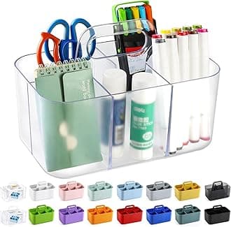 Multiuse Caddy Organizer with Handle - Stackable Plastic Bin - Divided Storage Tote Holder for Art Craft Supplies, Makeup, Bathroom, Shower, Cleaning, Kitchen, Office, Dorm, Desktop - Frosted Clear