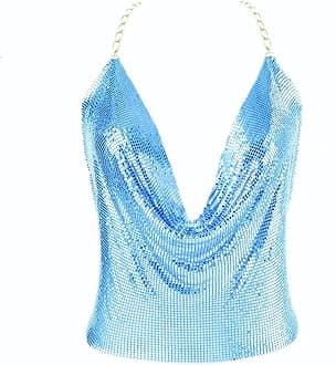 Gold Sexy Tops for Women Sparkly Deep V Neck Crop Tank Tops Cami Body Chain Top