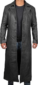 BlingsoulBrown Winter Trench Coat Men - Distressed Black Real Leather Long Overcoat