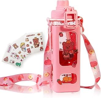 Kawaii Water Bottle for Girls Cute Kids Water Bottles with Straw Square Drinking Bottle, Portable Leakproof Water Jug for School, 24 oz (Pink-700ml)