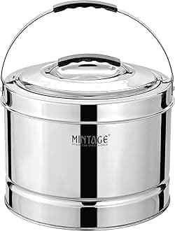 Mintage Stainless Steel Sambar Pot 5 Liters for Canteen & Hotel Casserole with side handle Roti | Rice | Biryani Box Puff Insulated Hot & Cold 12HR picnic pot Container Casserole Thermal Serving Pot