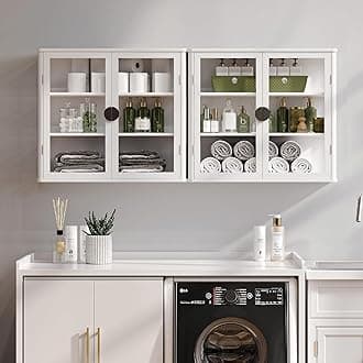 56" Wall Cabinets, Floating with Glass Doors, Display Wall Mounted Cabinet,Over Toilet Storage, Kitchen,Bathroom & Laundry Room, 28" x 2PCS, White