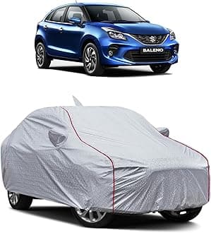 Water-Resistant Car Cover for Maruti Suzuki Baleno – Dustproof, UV Protection, Scratch Resistance, Secure Buckle Strap, Elastic Front & Rear – Silver
