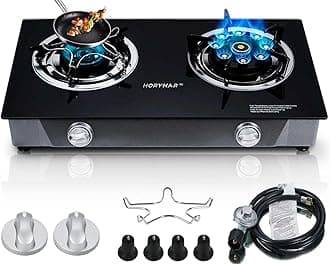 Propane Stove 2 Burner Gas Stove Novel 9 Copper Propane Burners Auto Ignition Tempered Glass with LPG CSA Hose for Outdoor Cooking,Emergency