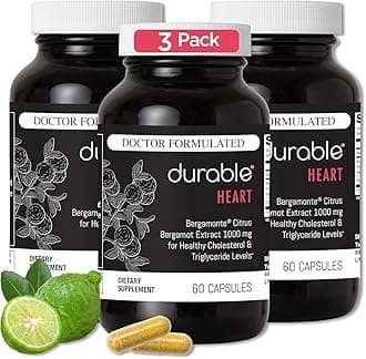 Durable Heart – Bergamonte Citrus Bergamot 1,000 mg + Olive Leaf Extract + Vitamin C - Heart Health Supplement for Healthy Cholesterol - Doctor Formulated, Vegan, Non-GMO, Made in USA (180 Capsules)