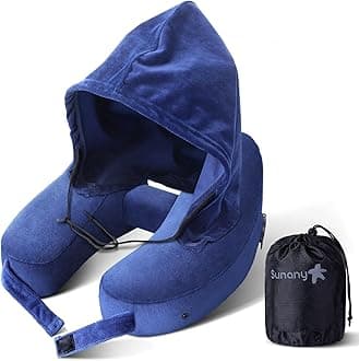 Sunany Neck Pillow for Travel Inflatable Airplane Pillow Comfortably Supports Head,Neck and Chin,Inflatable Travel Pillow with Soft Velour Cover,Hat,Portable Drawstring Bag (Blue)