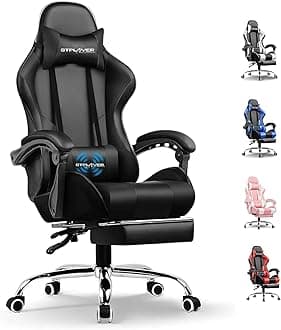 GTPLAYER #1USA Ergonomic Gaming Chair with USB Massage Cushion, Footrest & Armrests – PU Leather Computer Video Game Desk Chair with Adjustable Lumbar Support & Headrest (GCC, Black)