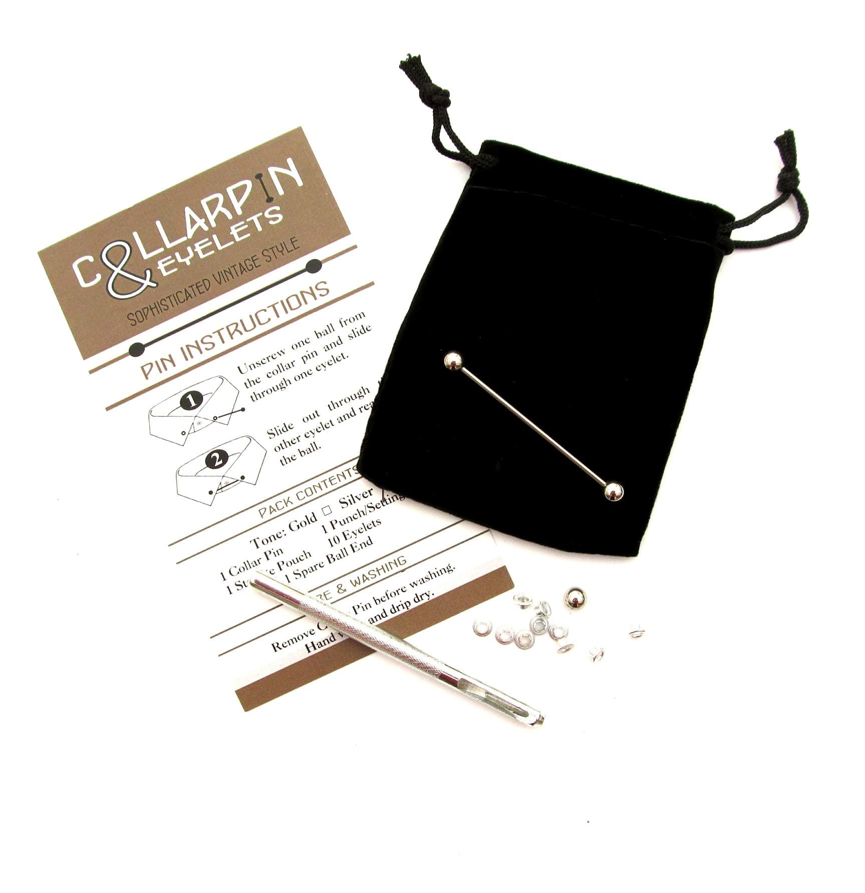 Silver Tone Collar Pin DIY Shirt Conversion Kit - Collar Bar Plus 10 Eyelets & Punch by CUK Designs