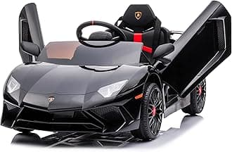 Kidzone Kids Electric Ride On 12V Lead_ Acid Licensed Lamborghini Aventador Battery Powered Sports Car Toy with 2 Speeds, Parent Control, Sound System, LED Headlights & Hydraulic Doors - Black
