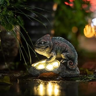 Garden Statue Chameleon,Solar Chameleon Decor for Outdoor,Resin Chameleon Figurine with Solar Light for Patio,Balcony,Yard,Lawn Ornament,Perfect Garden Gift