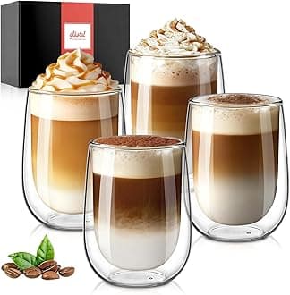 4x350ml Double Walled Coffee Glasses Mugs Cappuccino Latte Macchiato Glasses Cups for Coffee Tea Milk Juice Ice Cream Borosilicate Heat Resistant Glass Cups