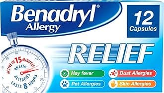 Benadryl Allergy Relief Capsules (1 x 12 Capsules), Antihistamine Tablets with Acrivastine, Allergy Relief from Hay Fever Symptoms, Suitable for Pet, Dust, and Skin Allergies