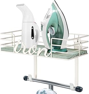 TJ.MOREE Ironing Board Hanger Wall Mount - Laundry Room Decor Iron and Ironing Board Holder, Metal Wall Mount with Large Storage Blue Wooden Base Basket and Removable Hooks (Turquoise)