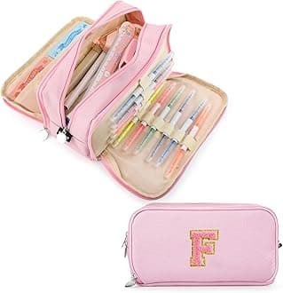Extra Large Capacity Pencil Case 3 Compartment Initial Pencil Pouch Personalized Cute Aesthetic Stationery Pen Case Bag for School Teen Girl Boy Men Women Gift (F, Pink)
