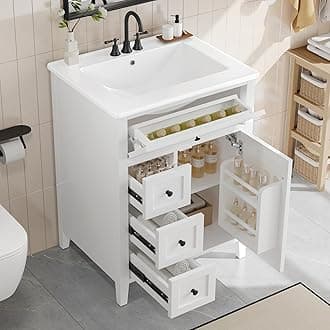 Linique 24" Bathroom Vanity with Sink Combo Set, Solid Wood Frame Bathroom Storage Cabinet with 3 Drawers and a Tip-Out Drawer, Adjustable Shelves, Soft Closing Cabinet Door with Organizer, White