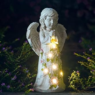 Garden Outdoor Statues Angel with Succulent and 7 LED Lights – Lawn Decor for Patio, Balcony, Yard Ornament for Mom Grandma Women