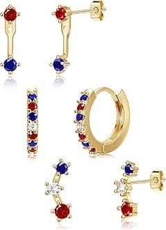3 Pairs Dainty Small Earrings for Women Trendy, Birthstone Stud Huggie Hoop Jacket Stack for Cartilage Helix, Gold Plated Hypoallergenic Cute Women Fashion Accessories Western Jewelry Gifts
