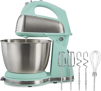 Hamilton Beach Classic Stand and Hand Mixer, 4 Quarts, 6 Speeds with QuickBurst, Bowl Rest, 290 Watts Peak Power, Aqua Blue (64658)