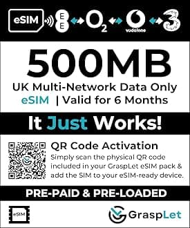 UK Multi-Network Data-Only eSIM | 6-Month Validity | Auto-Connects to Strongest Network: EE, Three, O2, or Vodafone | Compatible with eSIM Devices (500 MB - 6 Months)