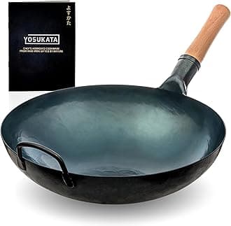 YOSUKATA 14" Round Bottom Carbon Steel Wok - Blue Pre-Seasoning Pow Wok, Sauté, BBQ, Camping - Traditional Japanese & Chinese Cookware - Stove & Fire Only
