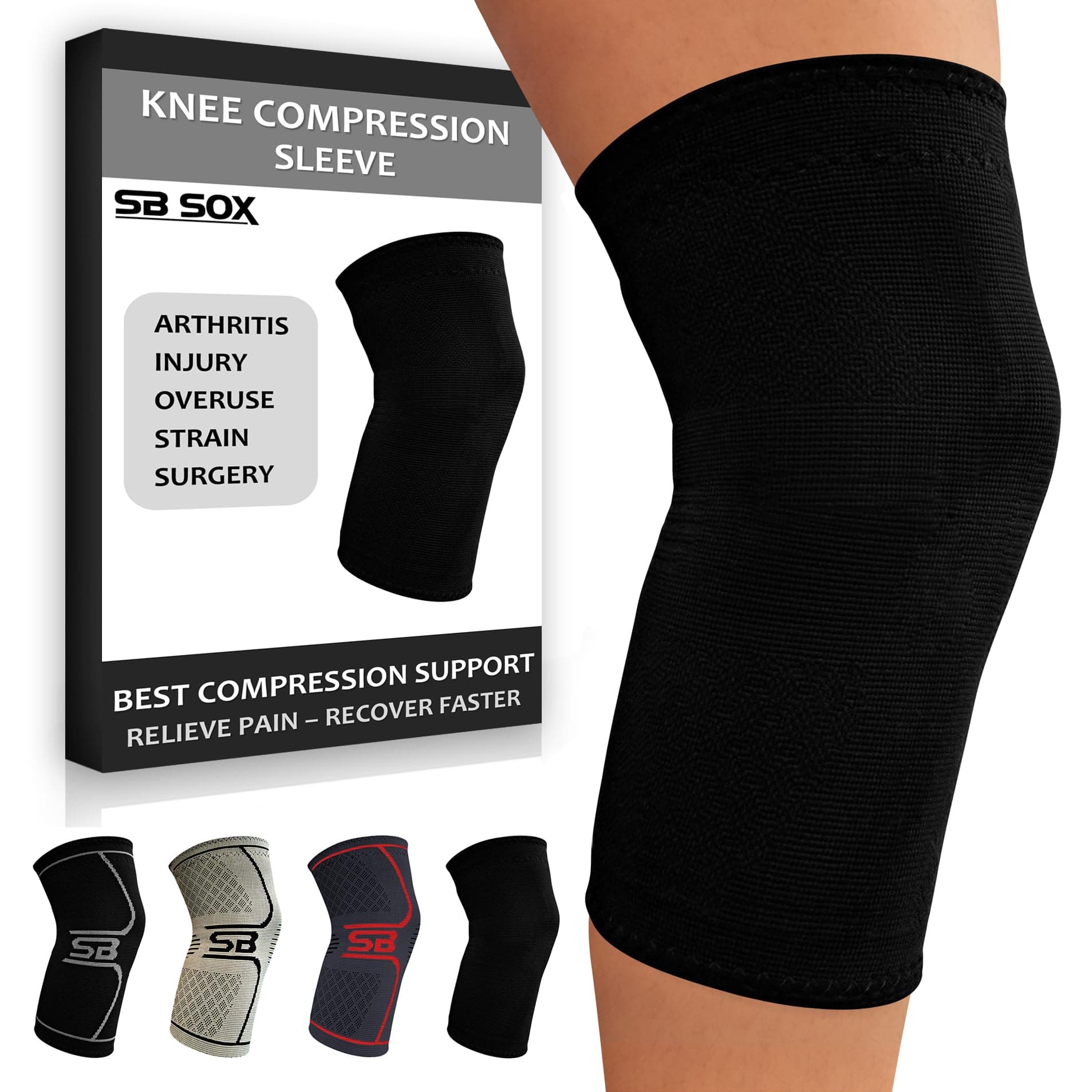SB SOX Compression Knee Brace - Great Support That Stays in Place - Perfect for Recovery, Everyday Use - Best Treatment for Pain Relief, Meniscus Tear, Arthritis (Solid Black, Medium)
