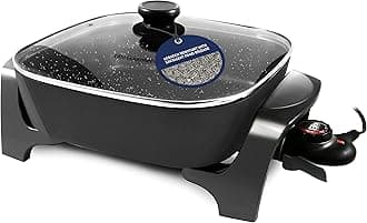 EG6201 Extra Deep 12"x12"x3.2" (7.5Qt.) Scratch Resistant Dishwasher Safe, Non-stick Electric Skillet with Glass Vented Lid, Adjustable Temperature, Black