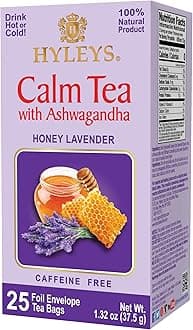 Hyleys Calm Tea with Ashwagandha - Lavender & Honey Flavor - Caffeine-Free, Herbal Tea - 25 Tea Bags - Sleepy Chamomile Bedtime Blend: Natural Herbal Tea for Deep Relaxation & Restful Sleep