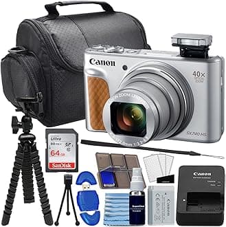 Canon PowerShot SX740 HS Digital Camera (Silver) Bundle with SanDisk 64GB Memory Card, 12"" Flex Tripod, High Speed Card Reader + Photo Kit (20 Items), Black (Renewed)