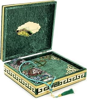 Luxury Islamic Prayer Velvet Covered Gift Box, Deluxe 4 Piece Set with Elegant Velvet Covered Quran & Prayer Beads Tesbih & Prayer Rug, Ramadan & Eid Gift, Green