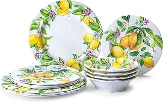 LEHAHA Lemon Melamine Dinnerware Dish Set – 12 Piece Indoor and Outdoor Plates and Bowls Set for Everyday Use, Dishwasher Safe, Unbreakable Kitchen Dinner Set, Service for 4…