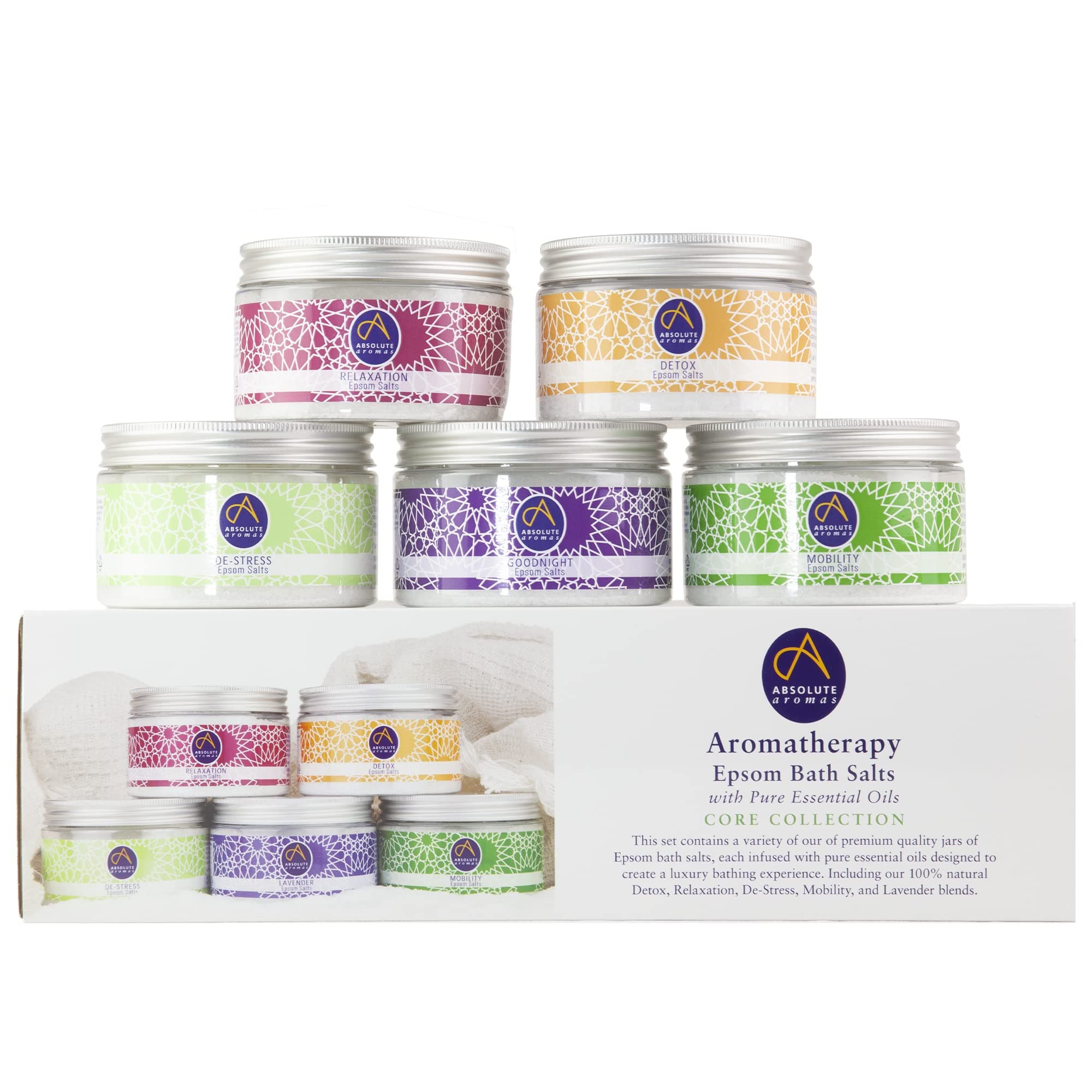 Absolute Aromas Epsom Bath Salts Bundle Gift Set – 5 x 300g of De-Stress, Detox, Lavender, Mobility and Relaxation Bath Salts - Magnesium Sulphate Infused with 100% Pure Essential Oils
