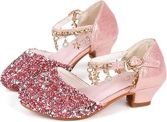 ChuLian Little Kids Girls Dress Pumps Glitter Sequins Princess Low Heels Princess Dress Shoes Party Dance Shoes Rhinestone Sandals