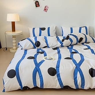 Wave Duvet Cover Set Queen 100% Cotton Bedding for Kids Boys Girls Teens Blue Ripple Striped Black Dot on White 1 Abstract Geometric Full Comforter Cover 2 Pillow Shams, Queen