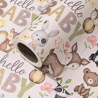 RUSPEPA Kraft Baby Shower Wrapping Paper Roll - Mini Roll - 43.2cm x 5m - Little Woodland Animal Wrapping Paper for Baby Shower, Kids Girls Boys Birthday