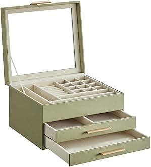 SONGMICS JBC239C02 Jewelry Box, Large Capacity, Accessory Case, 3 Drawers, Necklace, Ring, Bracelet Storage, Glass Lid, Mother's Day Gift, Avocado Green