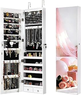 NAFORT 2 LEDs Mirror Jewelry Armoire, 47.5" H Door or Wall Mounted Jewelry Cabinet with Frameless Mirror, Lockable Jewelry Storage Box, Hanging Jewelry Organizer with 2 Drawers, White