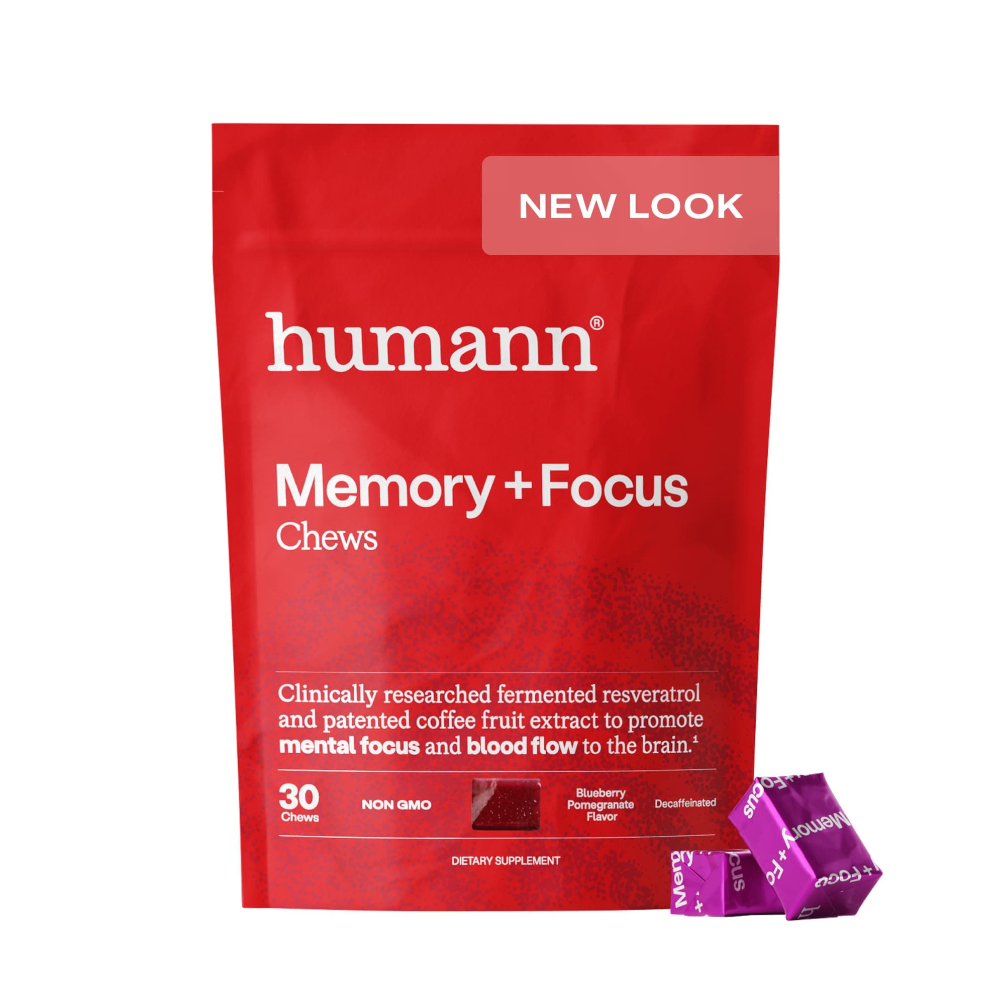 Memory and Focus Chews, Brain Supplement for Mental Alertness with Beet Root Powder, Clinically Studied Nootropics, Resveratrol Plus Beet Root Powder, Blueberry Pomegranate Flavor, 30 Count