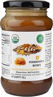 INDIGENOUS HONEY Certified Organic Raw Honey with Clove Cinnamon Turmeric Ginger Black Pepper Immunity Booster NMR Tested Pure Natural Unprocessed Unfiltered Wild Honey - 530g Glass Jar