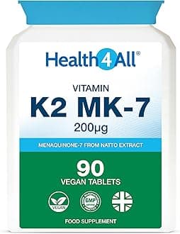 Health4All Natural Vitamin K2 MK7 200mcg from Natto, 90 Tablets 3 Months Supply, All-Trans MK-7 from Beans Fermentation, High Strength VitK2 Vitamin Supplement, Vegan Menaquinone | Made in UK