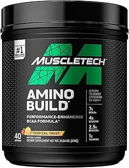 BCAA Amino Acids + Electrolyte Powder | MuscleTech Amino Build | 7g of BCAAs + Electrolytes | Support Muscle Recovery, Build Lean Muscle & Boost Endurance | Tropical Twist (40 Servings)