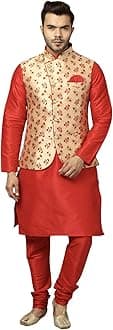 Uri and MacKenzieMen's Silk Blend Regular Kurta Churidar Pyjama with Bundi Nehru Jacket/Waistcoat