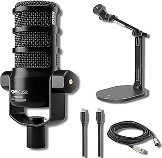 Rode PodMic USB and XLR Dynamic Broadcast Microphone with Rode Desk Stand 2 (DS2), XLR Cable, and StreamEye Polishing Cloth