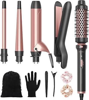 Wavytalk 5 in 1 Curling Iron Set with Thermal Brush and 4 Interchangeable Ceramic Curling Wands (0.5'-1.25'), Instant Heat Up Hair Curling Iron, Rose Gold