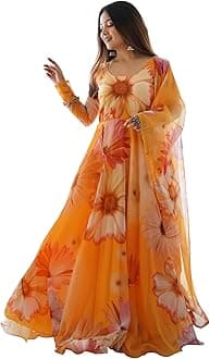 ShasmiWomens Organza Stylish Floral Printed Orgenza Anarkali Ankle Length Dress Gown, Kurta with Dupatta Set Anarkali Gown with Dupatta