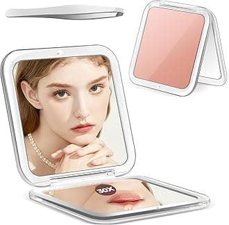 MIYADIVA Compact Mirror, 30X Magnifying Mirror, Pocket Mirror for Purse, Travel Makeup Mirror with 30X/1X Magnification, Travel Essentials Mirrors, Precision Tweezers, Present for Girls