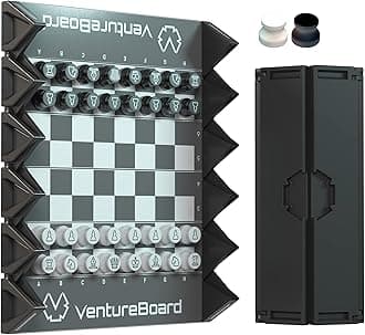 VENTUREBOARD 6 Inches Magnetic Unique Chess Set Board Game - 2 Extra Queens - Folding Board, Portable Travel Chess Board Game Pieces - Black/Grey