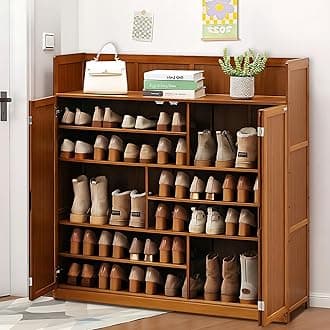 Hannahcos7-Tier Bamboo Shoe Cabinet with Doors, 24 Pairs Freestanding Shoe Rack for Closet, Shoe Storage Cabinet for Entryway, Shoes Rack Organizer for Hallway, Bedroom, Living Room