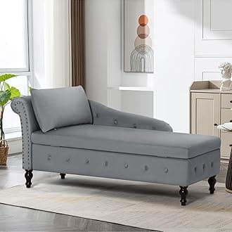 Upholstered Chaise Lounge with Left Armrest & Lumbar Pillow,Button Tufted Lounge Sofa with Storage,Lounge Chair Indoor,Modern Velvet Lounge Chair for Bedroom, Living Room and Office,Grey
