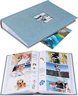 Photo Album 4x6 Hold 402 Photos with Memo Slip-in Pockets Photo Book, Linen Cover Picture Photo Albums with Writing Space for Wedding Family Baby Vacation Mother's Day Cyan Blue