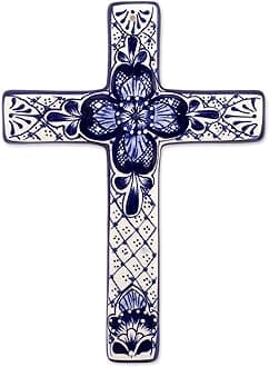 NOVICA Blue and White Hand Painted Talavera Ceramic Floral Wall Cross, Talavera Flower'